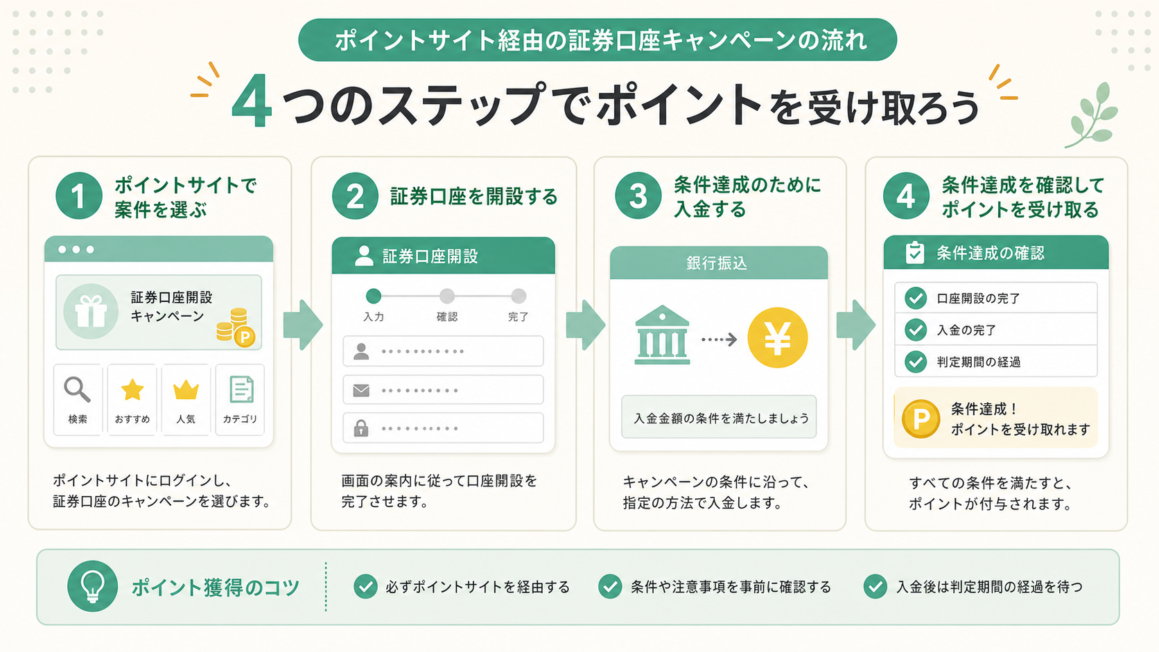 ポイントサイトから証券口座を開設し、入金条件を満たして判定を確認する4段階の流れ