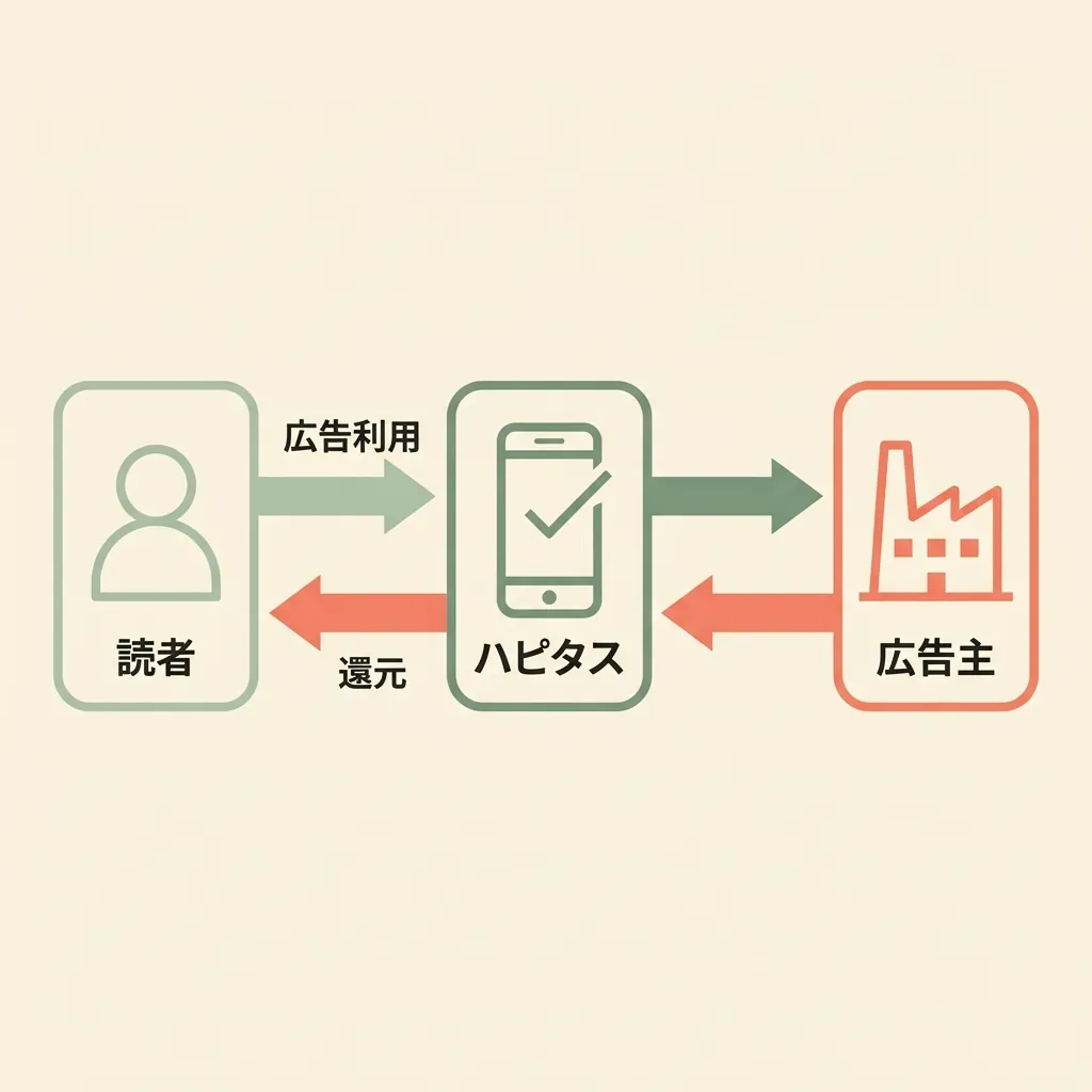 ハピタスの仕組み図:読者・ハピタス・広告主の3者関係