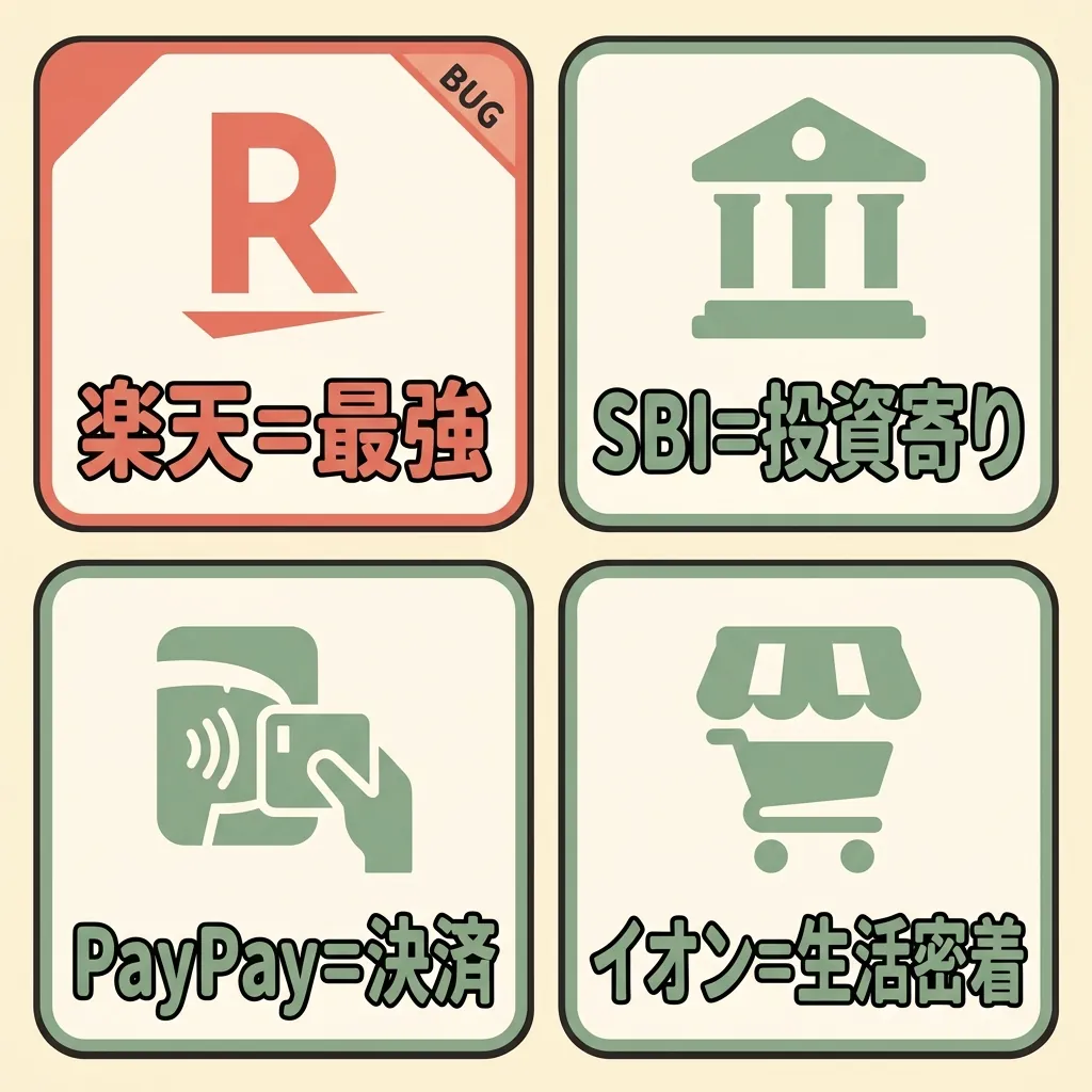 楽天・SBI・PayPay・イオンの4大経済圏比較カード